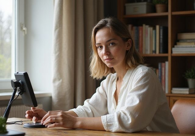 Eine junge Frau bereitet sich auf die Arbeit in ihrem gemütlichen Heimbüro vor. Webcam-Model