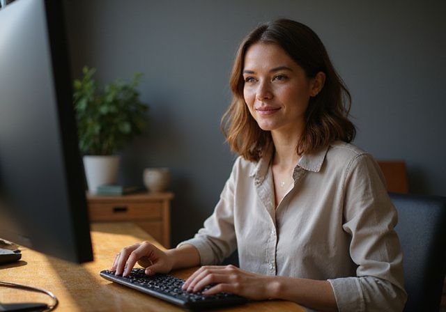 Eine junge Frau arbeitet konzentriert in ihrem gemütlichen Büro zu Hause. Von zu Hause aus als Webcam-Model arbeiten