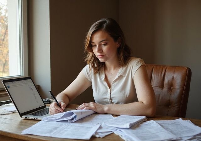 Eine junge Frau arbeitet konzentriert an Steuerunterlagen und Buchhaltung auf ihrem Laptop. Eine junge Frau arbeitet konzentriert an Steuerunterlagen und Buchhaltung auf ihrem Laptop.