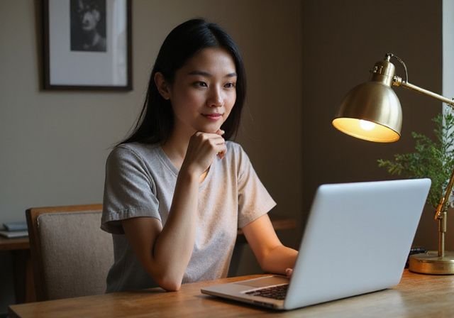 Eine junge Frau arbeitet konzentriert an ihrem Laptop in ihrem Heimbüro. Eine junge Frau arbeitet konzentriert an ihrem Laptop in ihrem Heimbüro.
