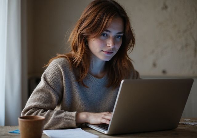 Eine junge Frau in einem gemütlichen Raum, konzentriert auf ihren Laptop. Eine junge Frau in einem gemütlichen Raum, konzentriert auf ihren Laptop.
