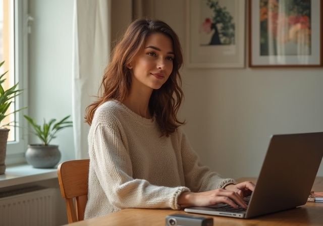 Eine Frau arbeitet konzentriert in ihrem behaglichen Heimbüro mit moderner Ausstattung. Von zu Hause aus als Webcam-Model arbeiten