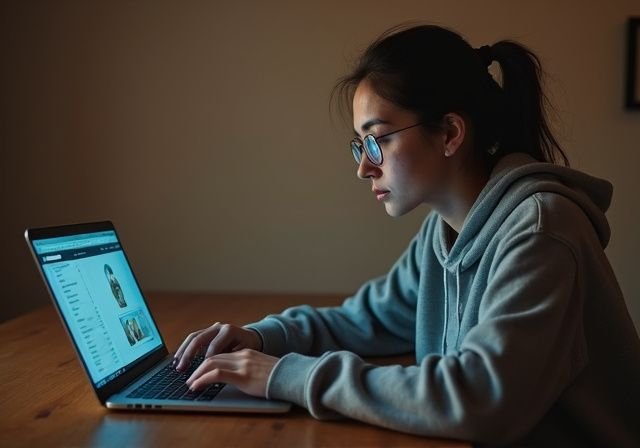 Een vrouw in een hoodie werkt geconcentreerd achter haar laptop. Een vrouw in een hoodie werkt geconcentreerd achter haar laptop.