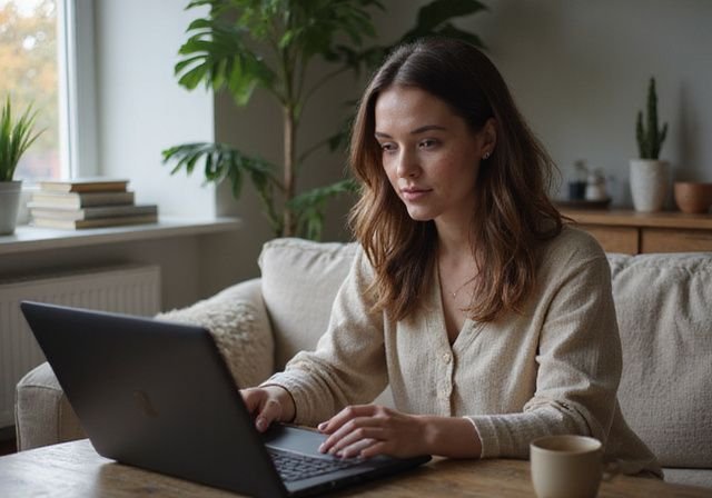 Een vrouw werkt geconcentreerd op haar laptop met koffie naast zich. Chatten met webcamdames
