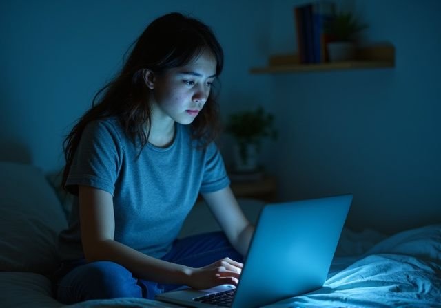Een tienermeisje zit ontspannen op bed met een laptop. Een tienermeisje zit ontspannen op bed met een laptop.