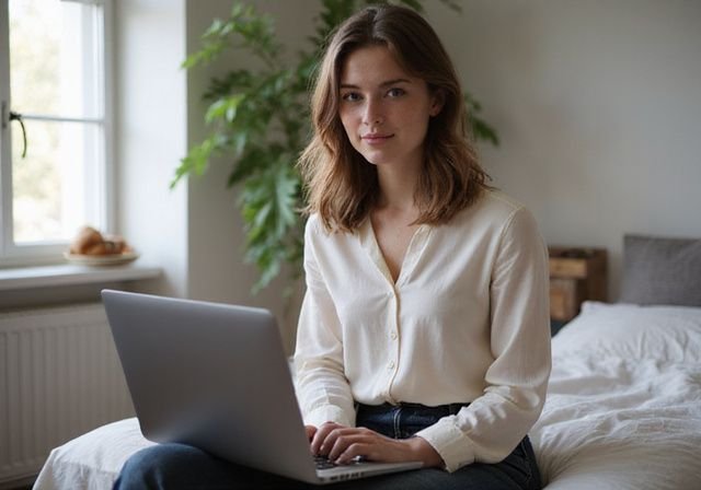 Een jonge vrouw zit ontspannen op bed met een laptop. Chatten met webcamdames: Ontdek de beste live cam ervaringen!
