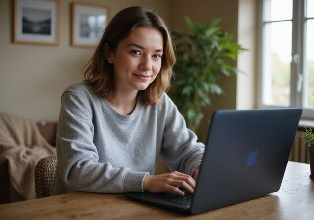 Een jonge vrouw glimlacht terwijl ze geconcentreerd naar haar laptop kijkt. Een jonge vrouw glimlacht terwijl ze geconcentreerd naar haar laptop kijkt.